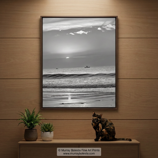Atlantic sunrise Rhode Island art beach art print with fishing boat, by Murray Bolesta