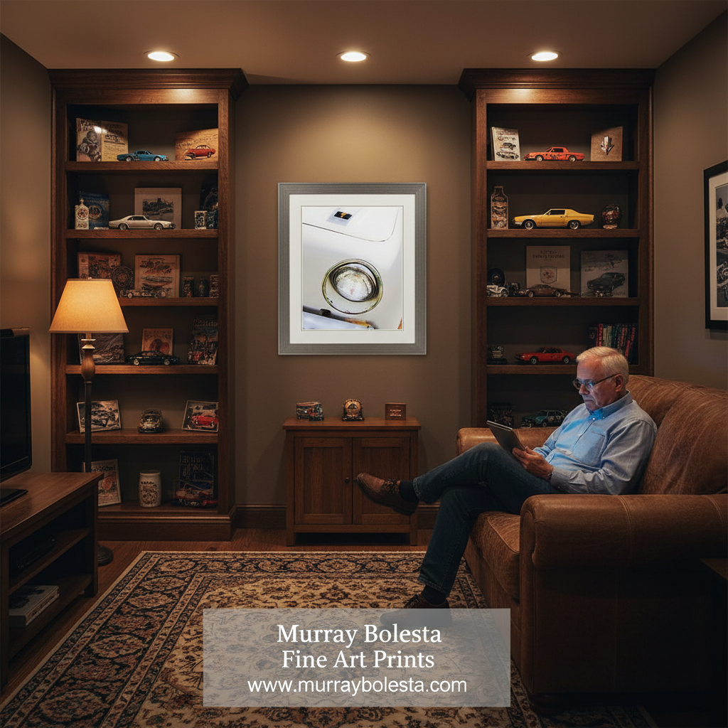 A framed fine art print by Murray Bolesta hangs on a dark brown wall in a cozy, dimly lit home office or living room. The print features a minimalist white background with a circular gold-toned ring.