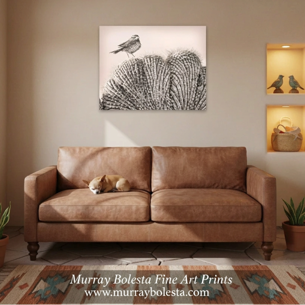 A square black and white fine art print of a bird perched on a textured fan of feathers, displayed on a beige wall above a brown leather sofa in a styled living room. Bird art by Murray Bolesta