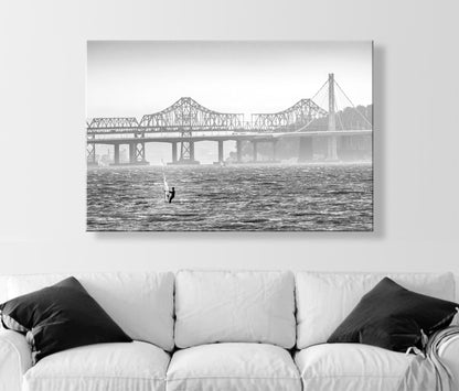 Windsurf Art Print at Oakland Bay Bridge in Black and White