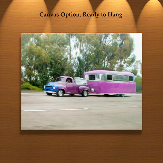 Studebaker Truck Art Print with Vintage Airstream Trailer | Truck Lover Gift