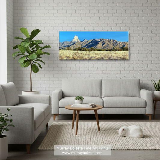 Baboquivari Peak Arizona by Murray Bolesta! A rectangular landscape wall art print showing a mountain range under a blue sky above a dry grass field, displayed above a light gray sofa in a modern living room with a white brick wall, plants, and a white cat on the rug.