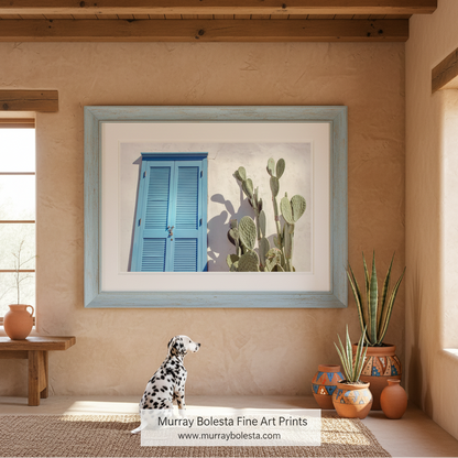A photograph featuring blue shutters and green cactus in an urban setting, likely part of the Tucson Old Pueblo collection. Art by Murray Bolesta!