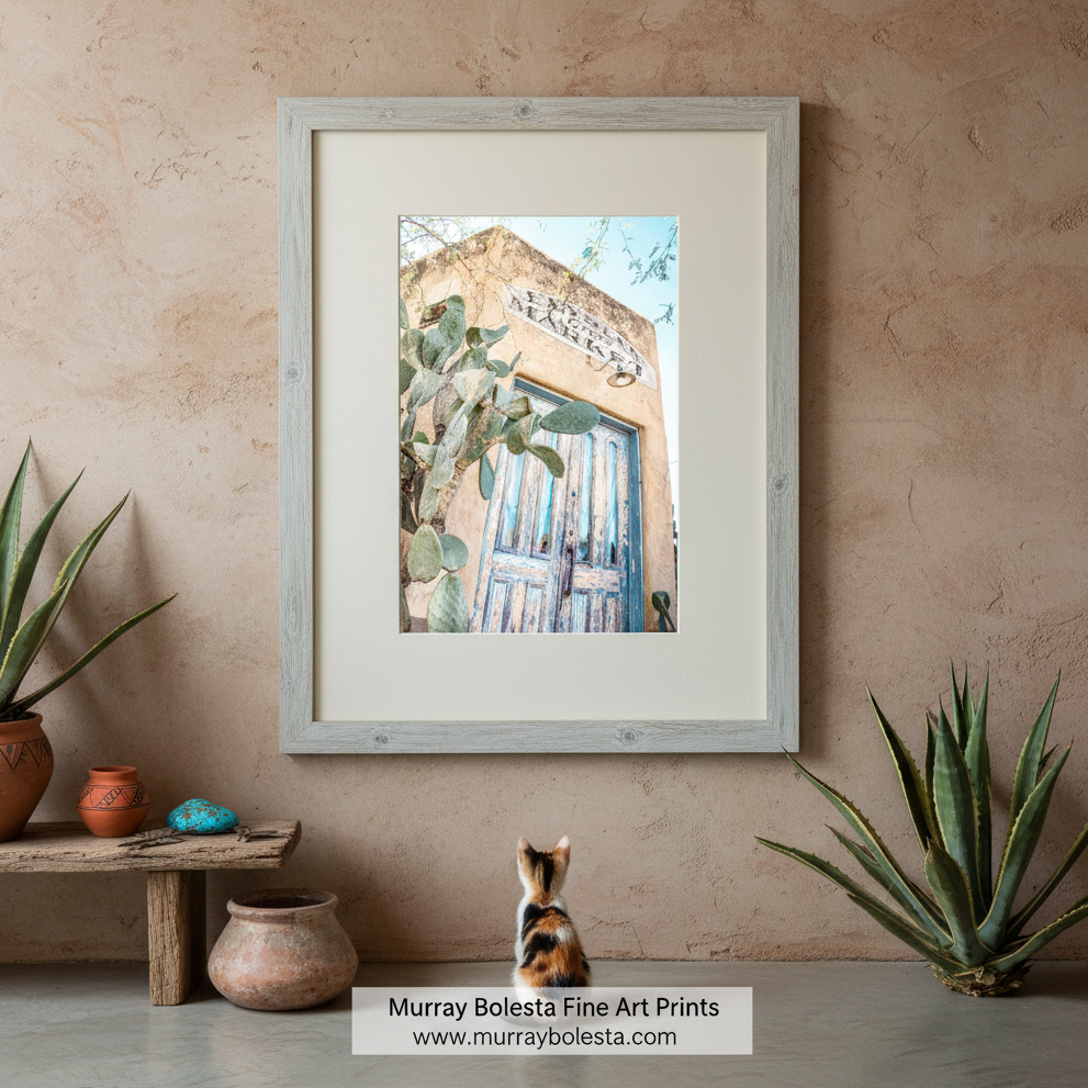 A photograph featuring a blue door with cactus in the foreground, titled 'Elylsian Grove Market #4'. Tucson artwork by Murray Bolesta!