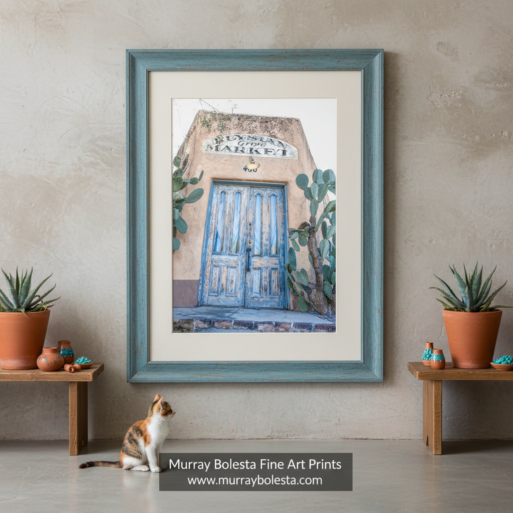 A photo of a southwestern style building with a blue barrio door, titled 'Elylsian Grove'. Tucson Arizona Art by Murray Bolesta.