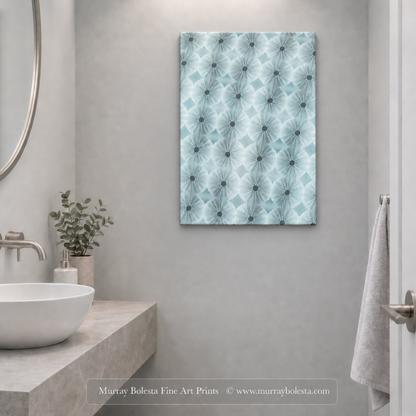 Bathroom mockup abstract sea urchin seashell art by Murray Bolesta, in pale blue!