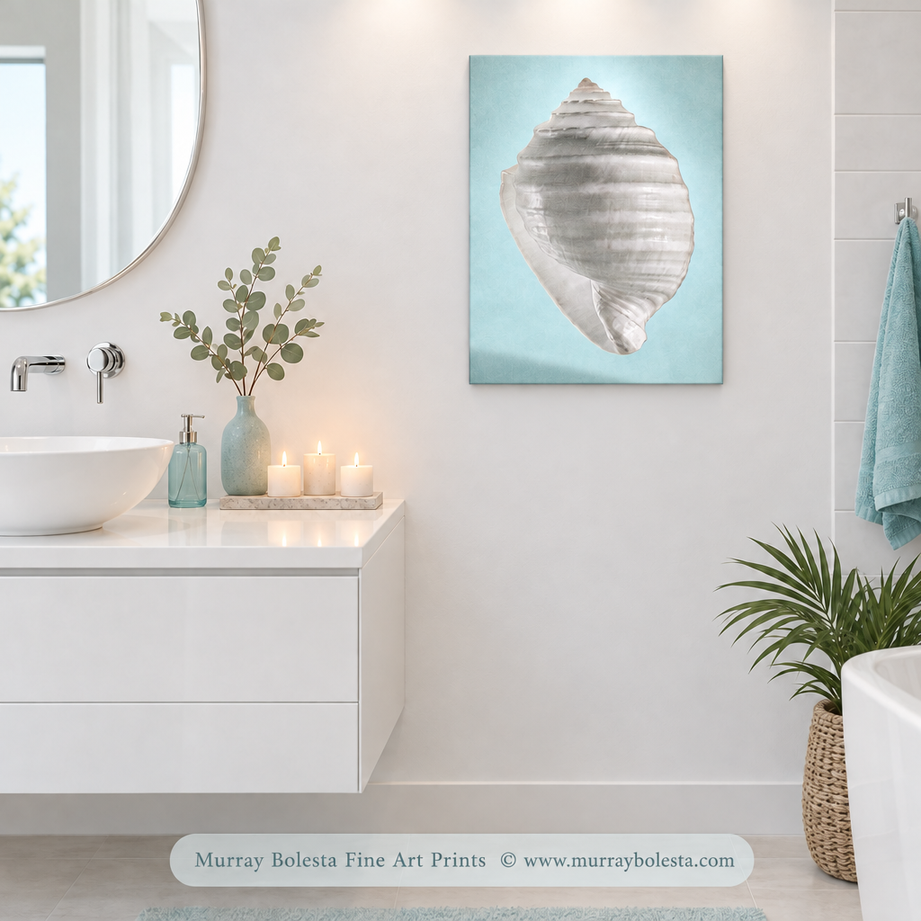 Bathroom with my seashell art by Murray Bolesta.