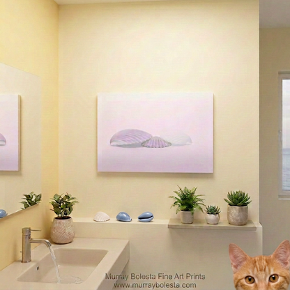 Bathroom mockup with beautiful minimalist seashell art by Murray Bolesta