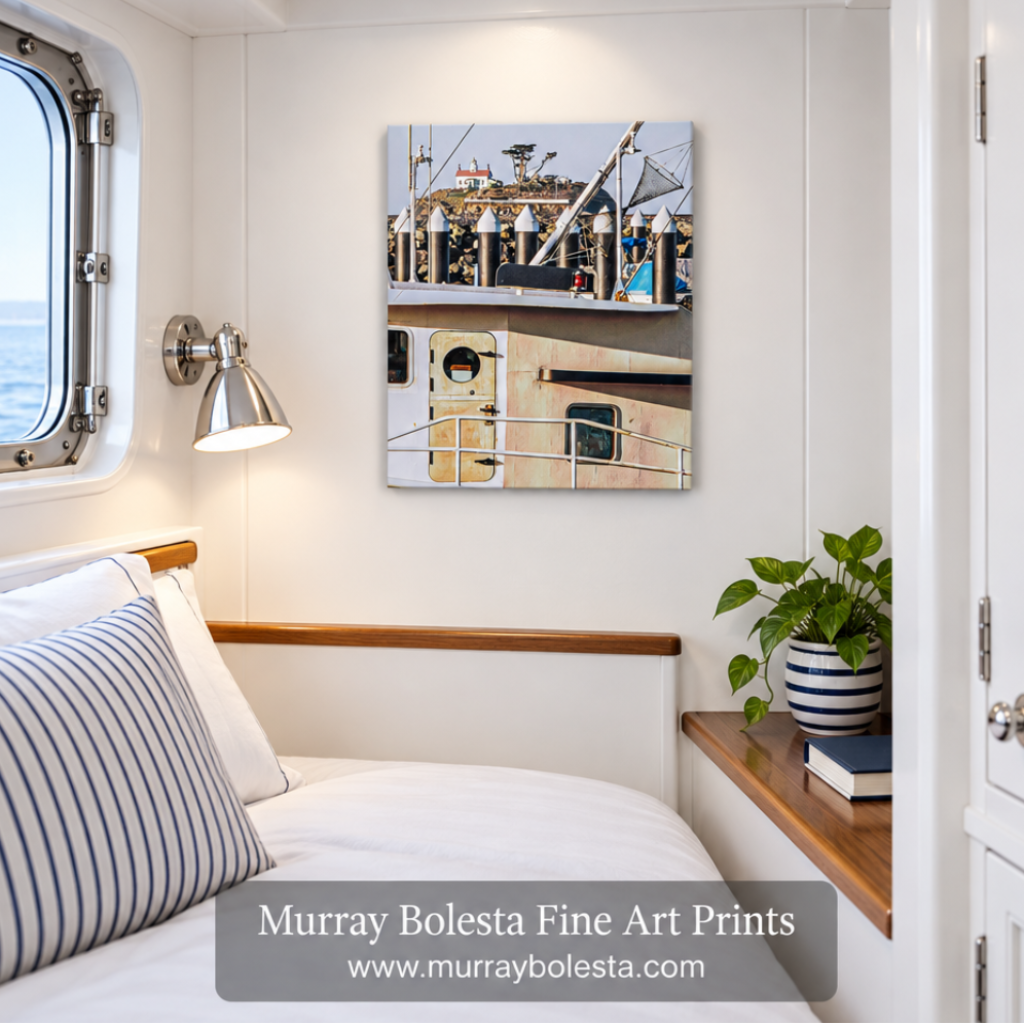 A framed wall art print depicting a close-up of a boat deck and rigging, displayed in a nautical-themed bedroom setting with a bed, striped pillow, and wooden shelf. Battery Point by Murray Bolesta