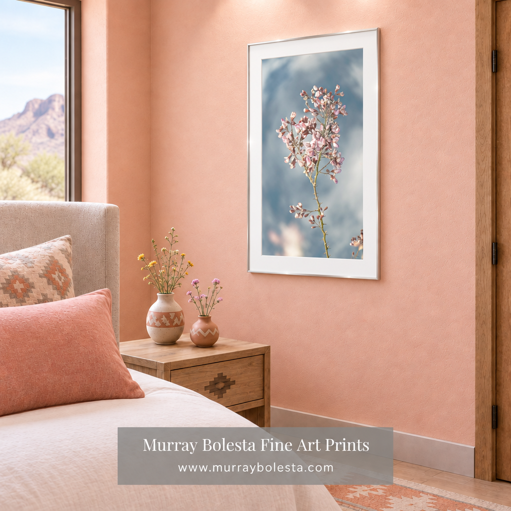 Bedroom mockup with white-metal frame and broad white mat