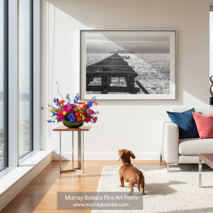 A black and white photograph of a wooden pier extending into a body of water, with a small island visible in the distance. Berkeley Pier Art Print | Black & White San Francisco Bay Photo by Murray Bolesta!