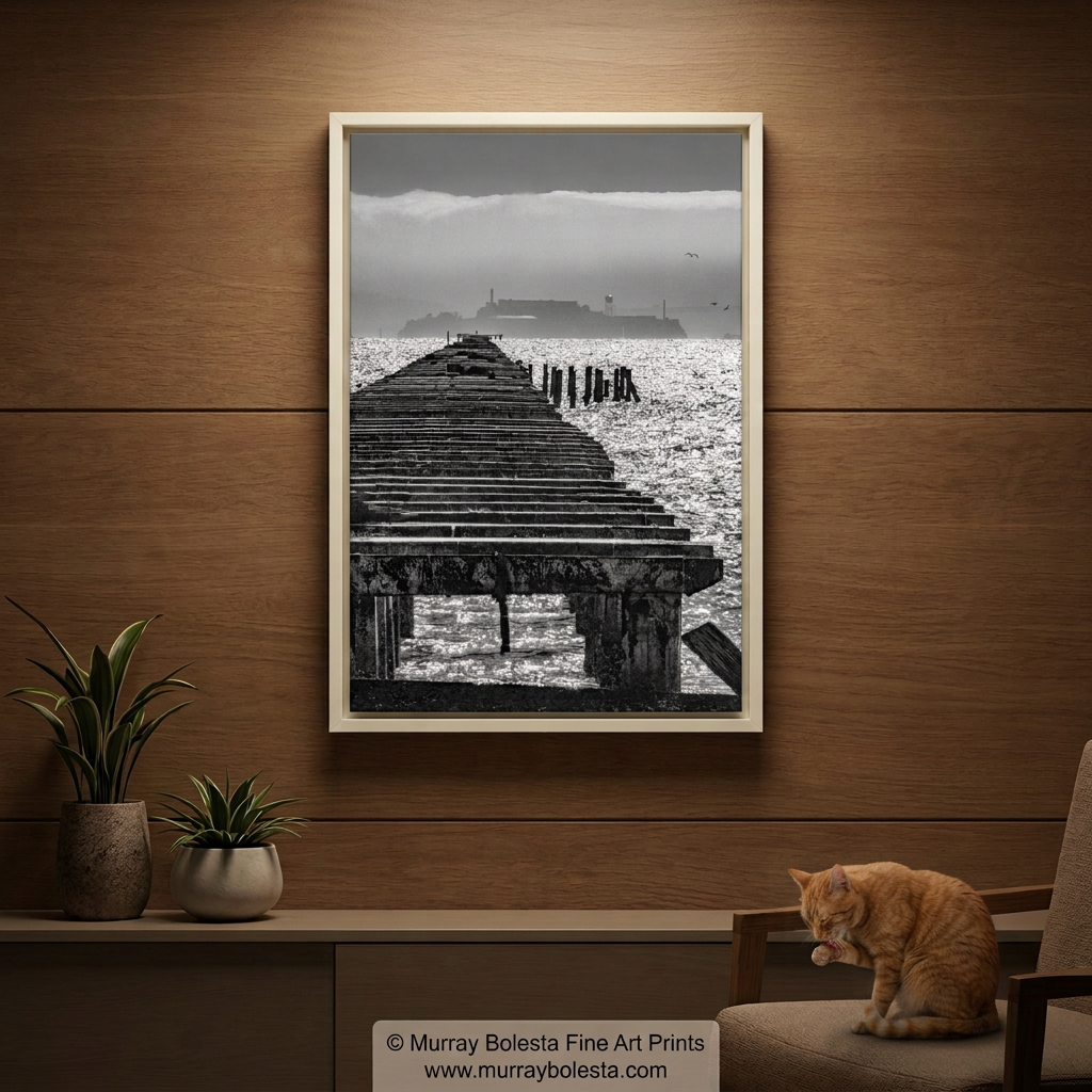 Berkeley Pier fine art print in black & white with Alcatraz Island by Murray Bolesta