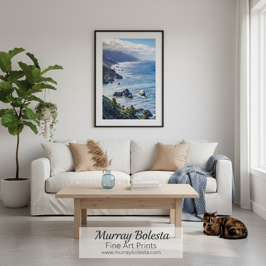 A framed vertical art print of a coastal landscape with blue ocean, rocky shore, and mountains, displayed above a white sofa in a bright living room. A cat lies on the floor nearby, and a plant is visible on the left.