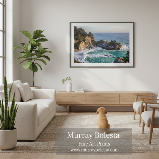 Big Sur California Mcway Falls by Murray Bolesta! A framed landscape art print of a rocky coastline with turquoise waves hangs on a light wall above a wooden console in a modern living room. A small dog sits on the rug facing the artwork.