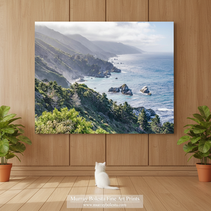 Big Sur Coast California by Murray Bolesta! A large canvas wall art print depicting a coastal mountain and ocean landscape hangs on a light wood-paneled wall above a wooden floor. A small white cat sits on the floor facing the artwork, and potted green plants are placed on both sides.