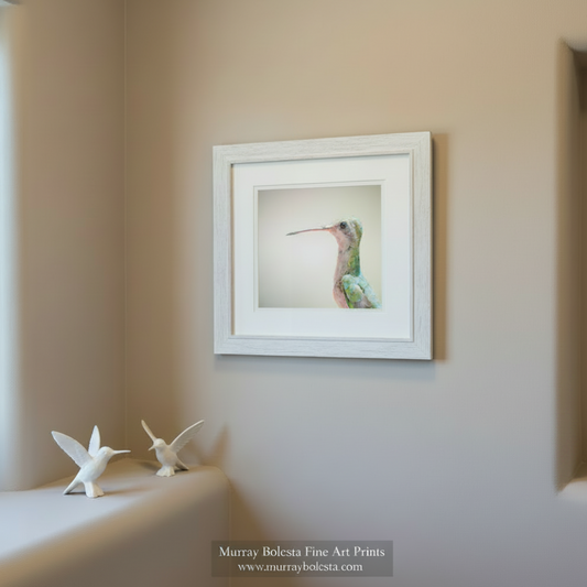 A colorful hummingbird with a long beak is the focus of the image. Hummingbird Art Photograph as Minimalist Nature Decor by Murray Bolesta
