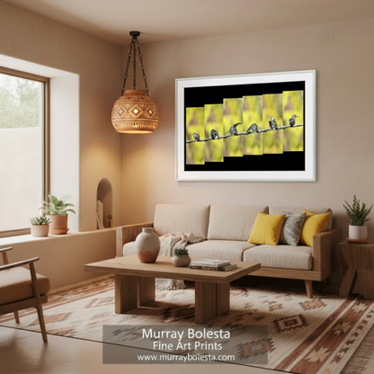 A group of birds perched on a branch, with a blurred background Hummingbird Photograph - Bold Vibrant Nature Wall Decor a natural setting. By Murray Bolesta.