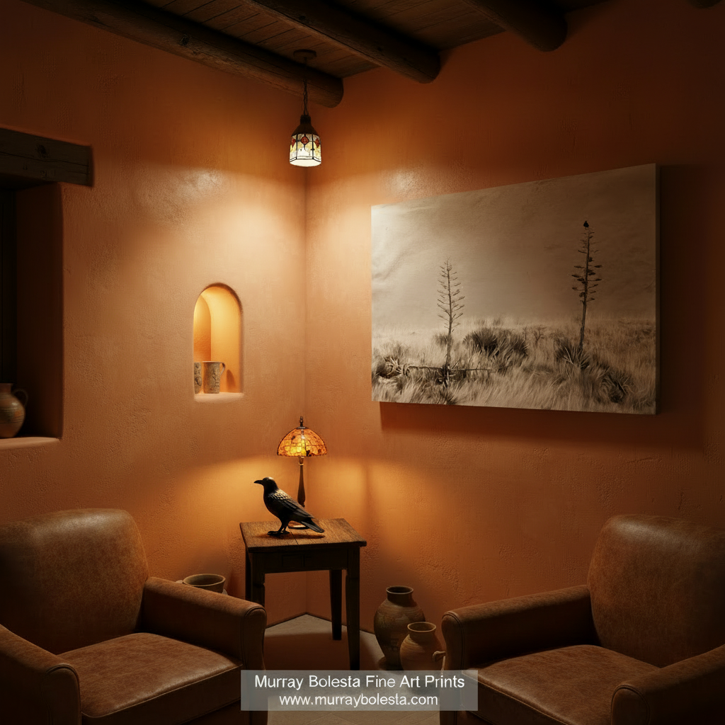 A sepia photograph depicting two small trees in a field, with a bird perched on one of the trees. Surreal Raven Bird Art with Southwestern Century Plant Agave Print by Murray Bolesta
