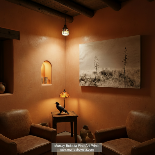 A sepia photograph depicting two small trees in a field, with a bird perched on one of the trees. Surreal Raven Bird Art with Southwestern Century Plant Agave Print by Murray Bolesta