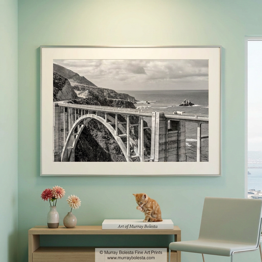 Bixby Creek Bridge Pacific Coast Highway seascape art print in black and white by Murray Bolesta!