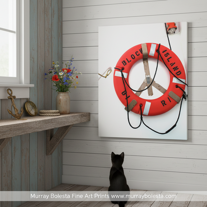 A red life preserver with the word "BLOCK ISLAND" written on it, hanging on a wall. Block Island Nautical Lifesaver Art Print | Maritime Wall Decor by Murray Bolesta!