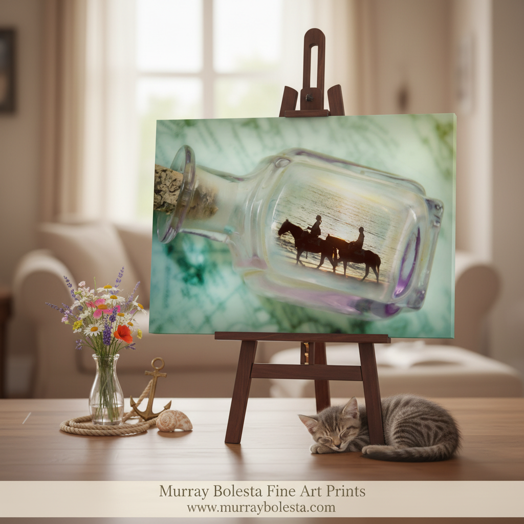 A bottle containing a photograph of two people riding horses, with the horses and riders appearing as silhouettes against a blurred background. Horseback Riding Beach Fantasy Art | Block Island Sunset Print by Murray Bolesta