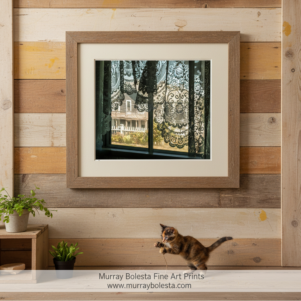 a view through a window with lace curtains, revealing a house and a white picket fence in the background. Block Island cottage by Murray Bolesta!