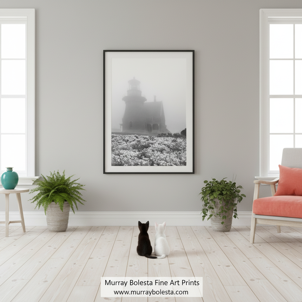 A black and white photograph of a lighthouse in the distance, partially obscured by fog, with a field of flowers in the foreground. Block Island Lighthouse Black & White Art Print | Rhode Island by Murray Bolesta