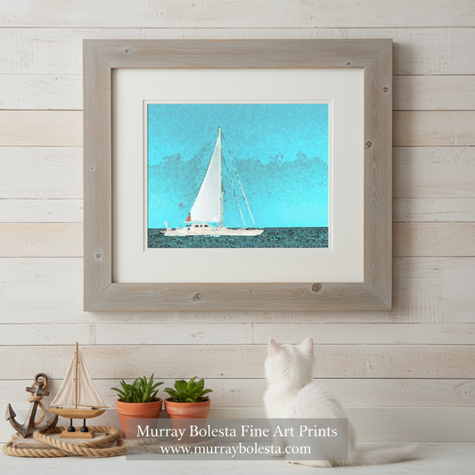 A white sailboat with a red flag is sailing on a blue ocean under a clear sky. Sailboat Art Print | Block Island Atlantic Ocean Pastel Blue Decor by Murray Bolesta!