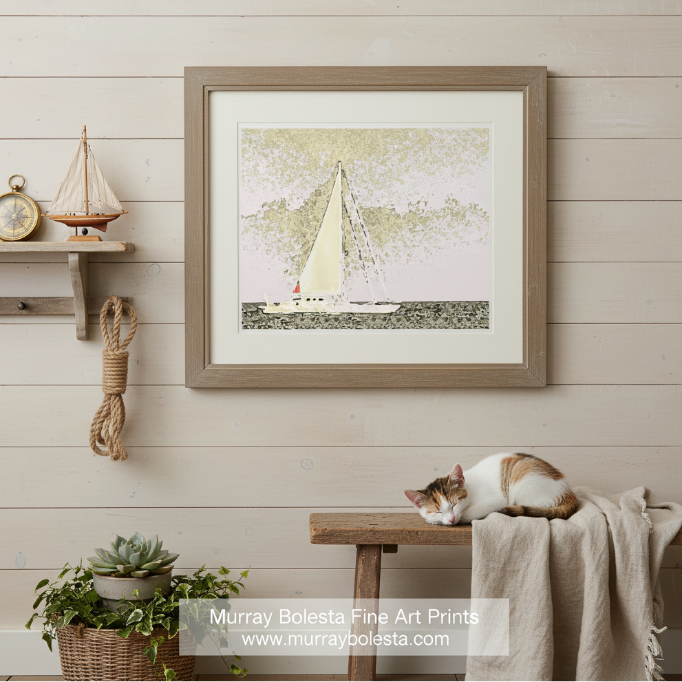 A white sailboat with a red flag is sailing on a body of water, with a cloudy sky in the background. Sailing Wall Art | Block Island Sailboat Print in Mellow Yellow by Murray Bolesta