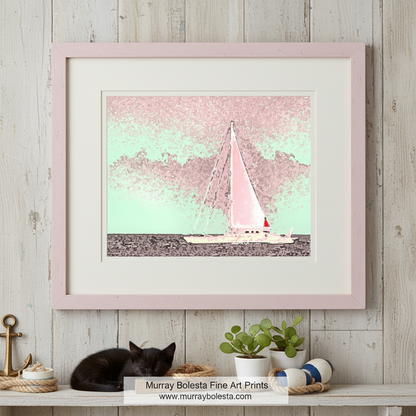 A sailboat with a red flag is sailing on a body of water, with a pink and green color palette. Sailing Wall Decor in Pink | Atlantic Ocean Sailboat Block Island by Murray Bolesta