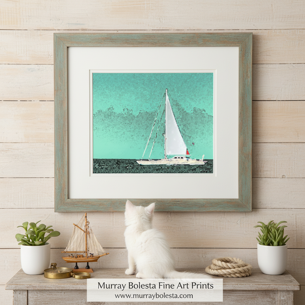 A sailboat on the water, with a turquoise background and a white sail. Sailboat Art Print | Block Island Rhode Island Pastel Green Decor by Murray Bolesta