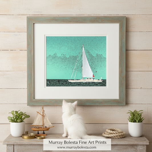 A sailboat on the water, with a turquoise background and a white sail. Sailboat Art Print | Block Island Rhode Island Pastel Green Decor by Murray Bolesta