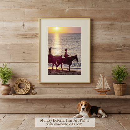 Two people riding horses on a beach at sunset. Horseback Riding Beach Art | Block Island Ocean Sunset Artwork by Murray Bolesta