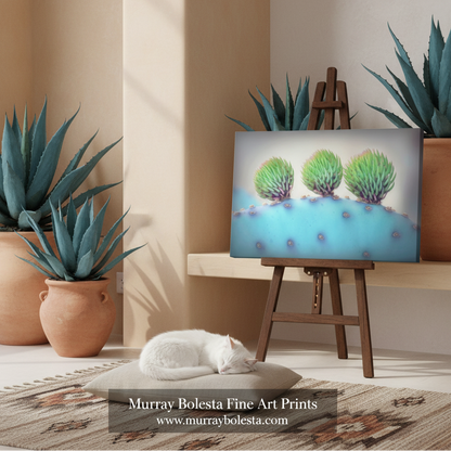 Arizona blue cactus art by Murray Bolesta! A framed-style art print showing three green succulent-like forms on a light blue background, displayed on a wooden easel in a styled interior with potted agaves, a white cat on a rug, and a visible watermark reading Murray Bolesta Fine Art Prints.