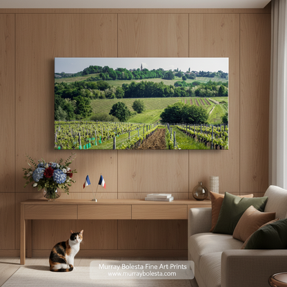 A picturesque countryside landscape with vineyards, rolling hills, and a church spire in the distance. Bordeaux Vineyard Landscape Panorama | French Wine Country Art by Murray Bolesta!