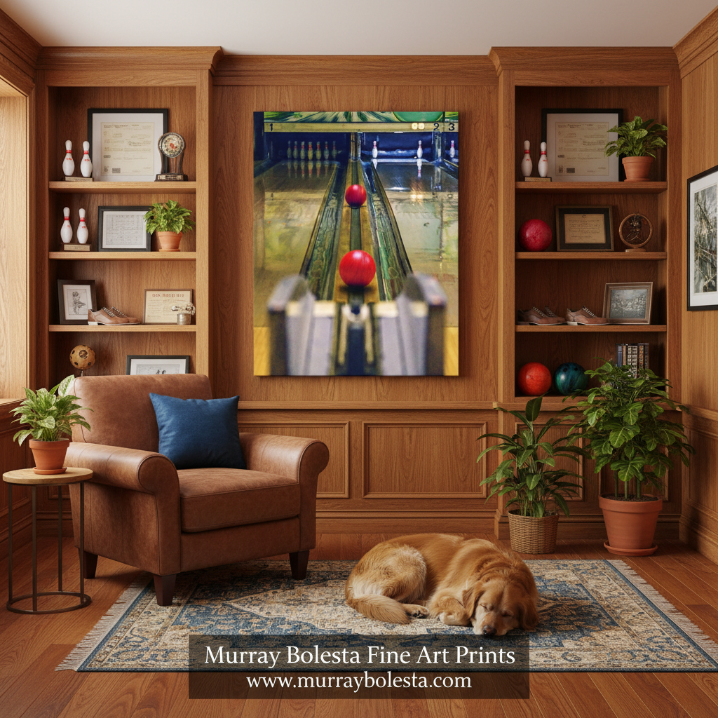 Antique bowling alley. Murray Bolesta. A framed art print depicting a bowling scene hangs on a wood-paneled wall in a furnished room with a brown leather armchair, potted plants, shelves, and a sleeping golden dog on a patterned rug. The print is the product being shown, but the image includes a real interior environment