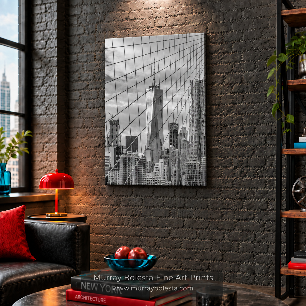 Brooklyn Bridge and World Trade Center artwork on frameless canvas by Murray Bolesta