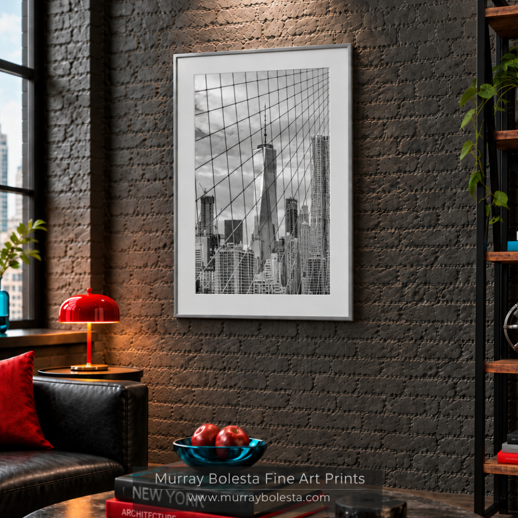 Brooklyn Bridge art with World Trade Center by Murray Bolesta