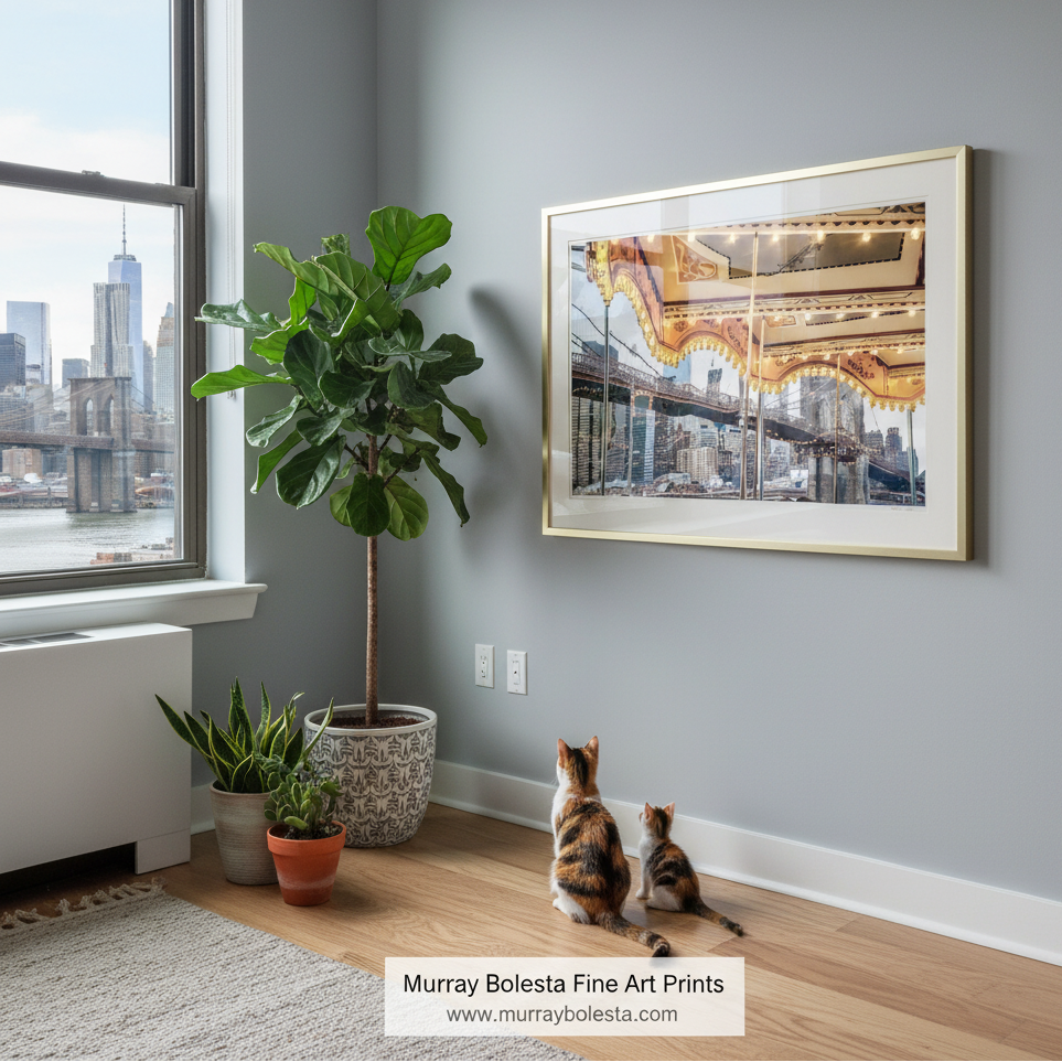 A framed art print depicting a New York City bridge and skyline hangs on a gray wall in a modern room. Two cats are sitting on the wooden floor below, looking at the print. Janes Carousel artwork by Murray Bolesta Fine Art Prints!