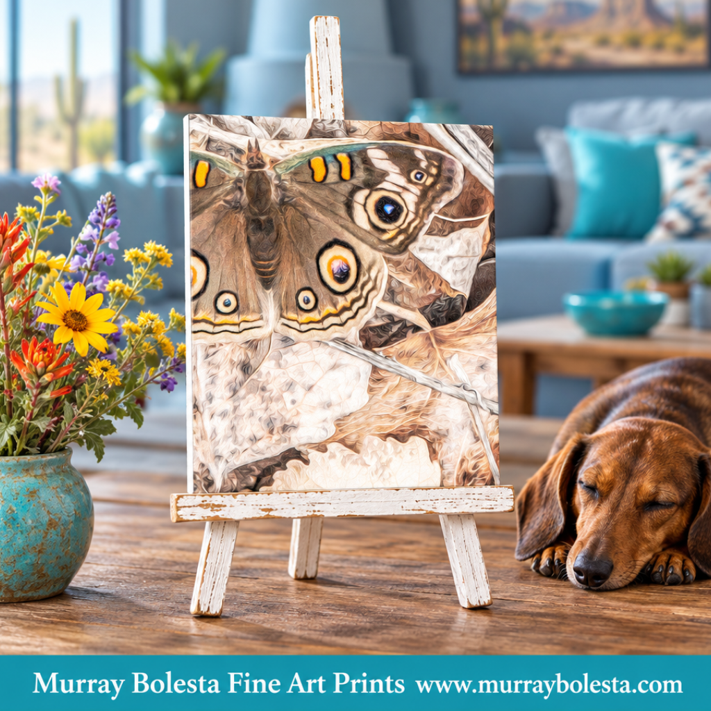 Butterfly artwork on a weathered-white easel with desert wildflowers and sleeping dachshund by Murray Bolesta