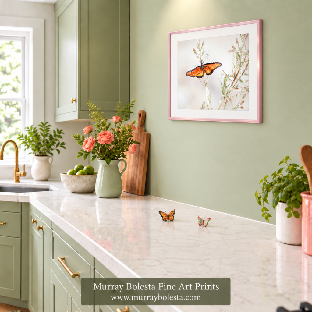 A framed butterfly art print hangs on a sage green kitchen wall above a marble countertop with green cabinets, flowers, and small butterfly decorations. The watermark at the bottom reads 'Murray Bolesta Fine Art Prints'.