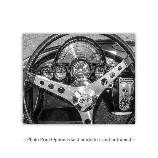 Old Corvette Car Art in Black and White with Steering Wheel and Dashboard