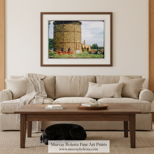 A framed art print depicting a rustic hay bale scene with a horse and tractor, displayed on a beige wall above a modern beige sofa in a living room setting. A watermark for 'Murray Bolesta Fine Art Prints' is visible at the bottom.