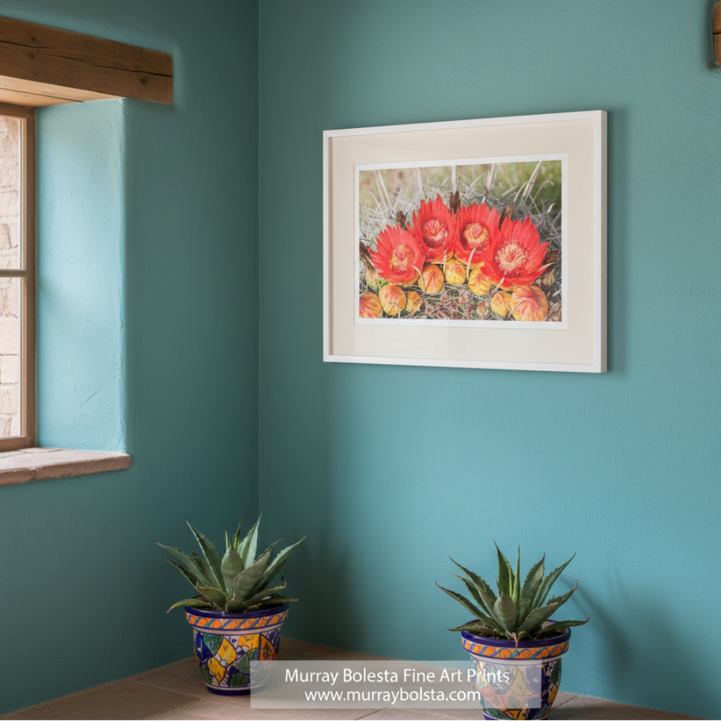 A close-up view of a group of vibrant red flowers with yellow centers, surrounded by a bed of yellow and orange flowers, creating a visually striking and colorful scene.Red Barrel Cactus Flower | Arizona Desert Botanical Wall Art by Murray Bolesta