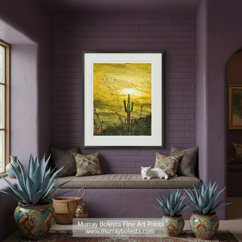 A vibrant, abstract desert landscape with a cactus in the foreground and a colorful sunset sky in the background. Cactus Art Southwestern Wall Decor with Psychedelic Desert Sunset by Murray Bolesta