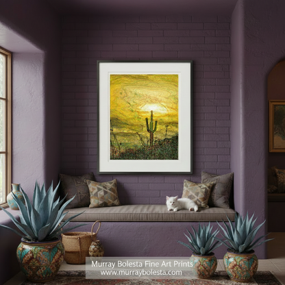 A vibrant, abstract desert landscape with a cactus in the foreground and a colorful sunset sky in the background. Cactus Art Southwestern Wall Decor with Psychedelic Desert Sunset by Murray Bolesta