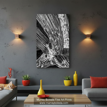 A close-up black and white photograph of a twisted, gnarled tree trunk or branch, with intricate patterns and textures. Black & White Desert Cactus Spines Abstract Art | Tucson Arizona by Murray Bolesta