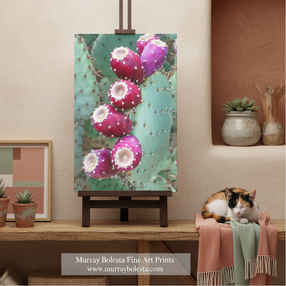 Santa Rita Arizona purple prickly pear cactus by Murray Bolesta! A framed art print of a prickly pear cactus with bright magenta-purple fruit hanging from a green cactus pad, displayed on a wooden stand in a styled room setting with a cat resting nearby.