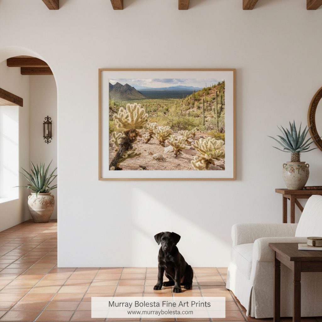 Ironwood Forest National Monument in Arizona by Murray Bolesta! A framed landscape art print of a desert cactus valley hangs on a white wall in a styled home interior. A black dog sits on the terracotta tile floor below the artwork, with a white armchair, wooden table, and potted plants visible in the room.